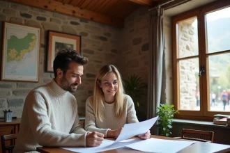Couple étudiant des documents immobiliers dans un bureau de notaire andorran avec des murs en pierre et vue sur un village de montagne