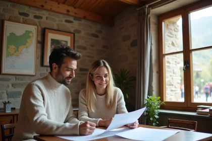 Couple étudiant des documents immobiliers dans un bureau de notaire andorran avec des murs en pierre et vue sur un village de montagne