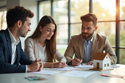 Jeune couple et agent immobilier signant un contrat d'achat immobilier