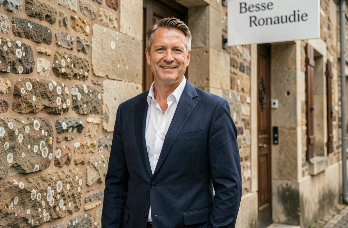 Agent immobilier professionnel devant la façade en pierre de l'Agence Besse Renaudie en Corrèze
