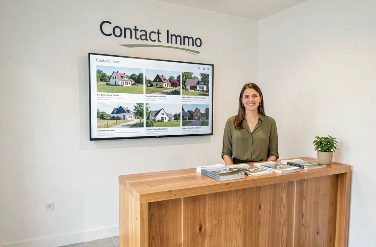 Réception lumineuse de l'Agence Contact Immo avec écran affichant des propriétés corréziennes et hôtesse souriante