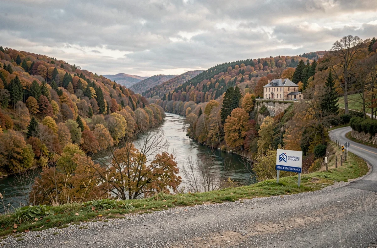 Paysage de la vallée de la Dordogne en Corrèze avec manoir en pierre sur colline, illustrant le territoire de l'Agence Dordogne Vallée