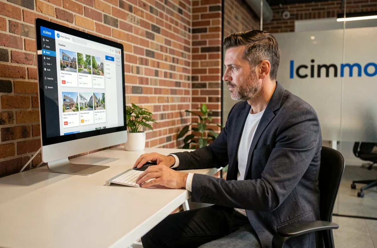 Agent de l'Agence Icimmo travaillant sur une plateforme immobilière en ligne dans un bureau moderne