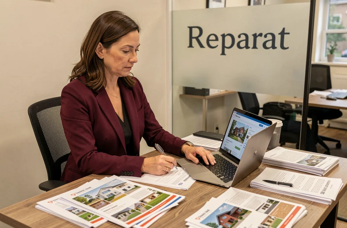 Agente immobilière de l'Agence Reparat assise à son bureau avec des brochures de propriétés en Corrèze