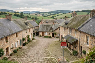 Vue panoramique d'un village corrézien avec maisons en pierre et pancarte immobilière, illustrant le marché immobilier en Corrèze