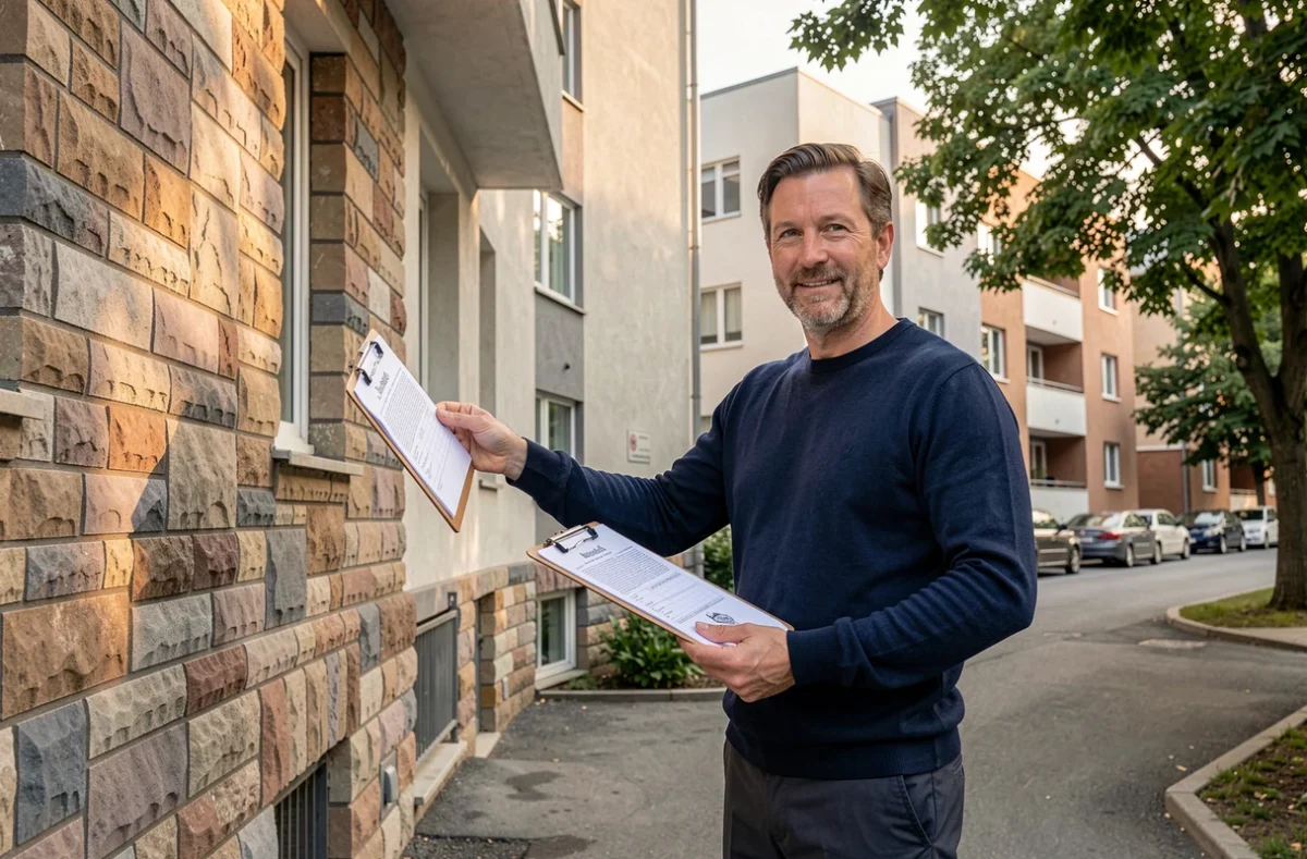 Agent immobilier évaluant les charges de sécurité d'un immeuble résidentiel avec exemples chiffrés
