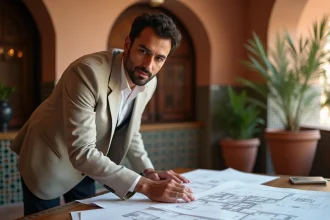 Agent immobilier marocain consultant des plans d'appartement à Marrakech dans une agence au décor traditionnel