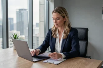 Agent immobilière professionnelle consultant une estimation en ligne sur son ordinateur portable dans un bureau moderne