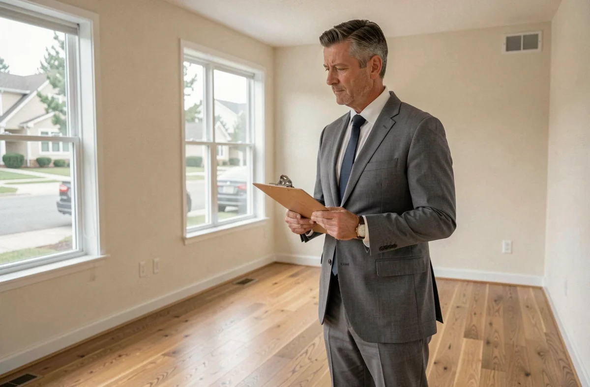 Agent immobilier évaluant un bien vide pour fixer le bon prix de vente rapidement