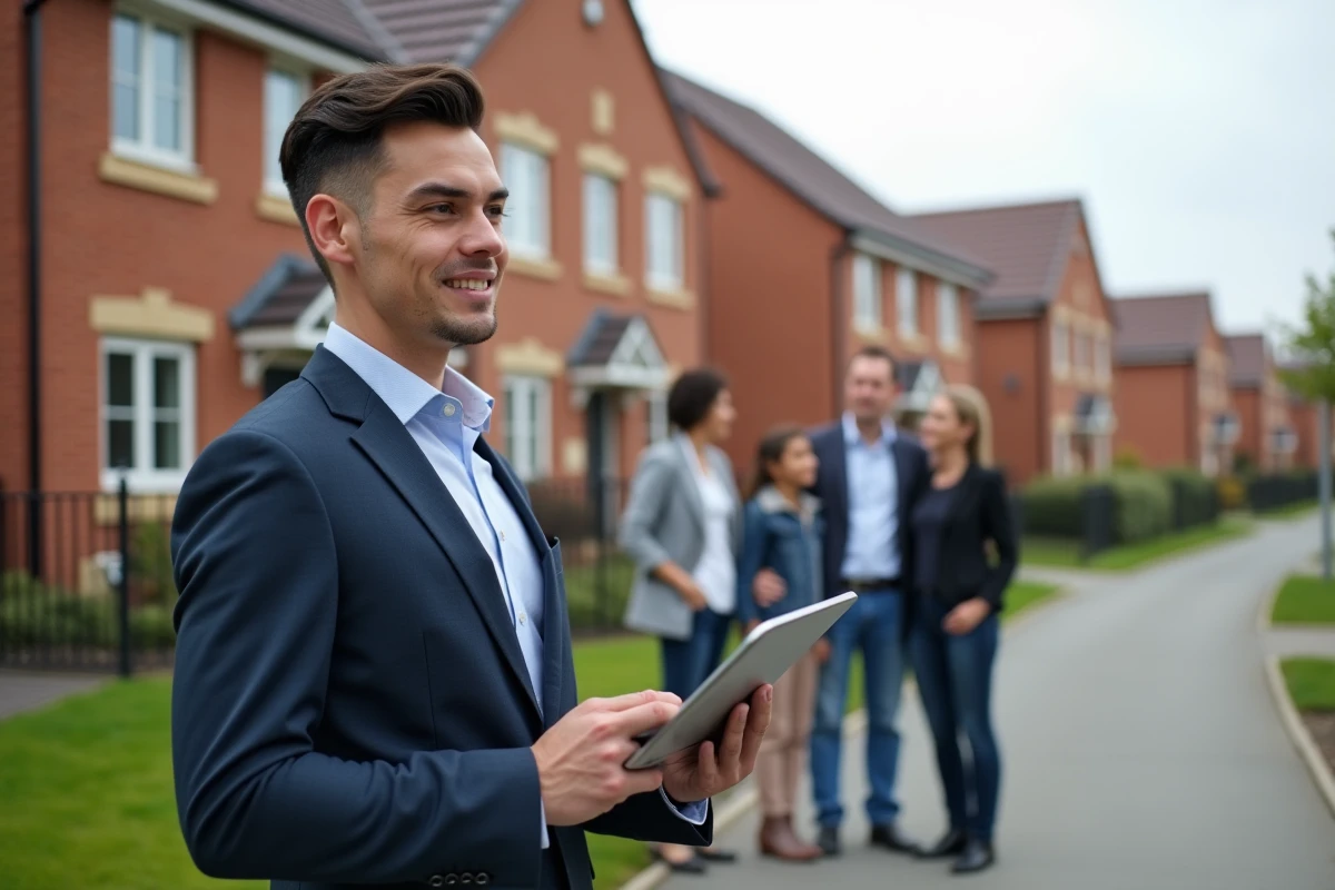 Agent immobilier discutant avec une famille devant des maisons