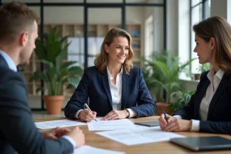 Agent immobilier expliquant les honoraires d'un mandat à un couple dans une agence immobilière moderne