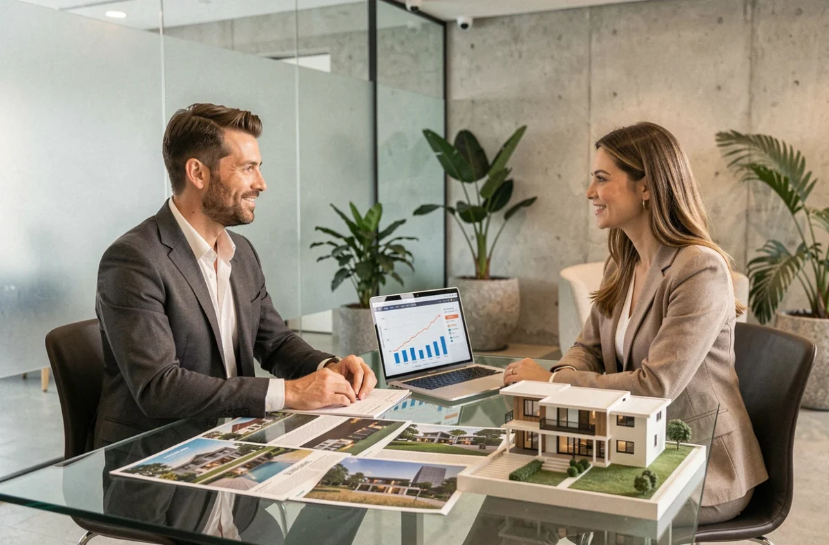 Agent immobilier de luxe présentant une stratégie d'optimisation fiscale et de prix de vente à des clients dans une agence contemporaine