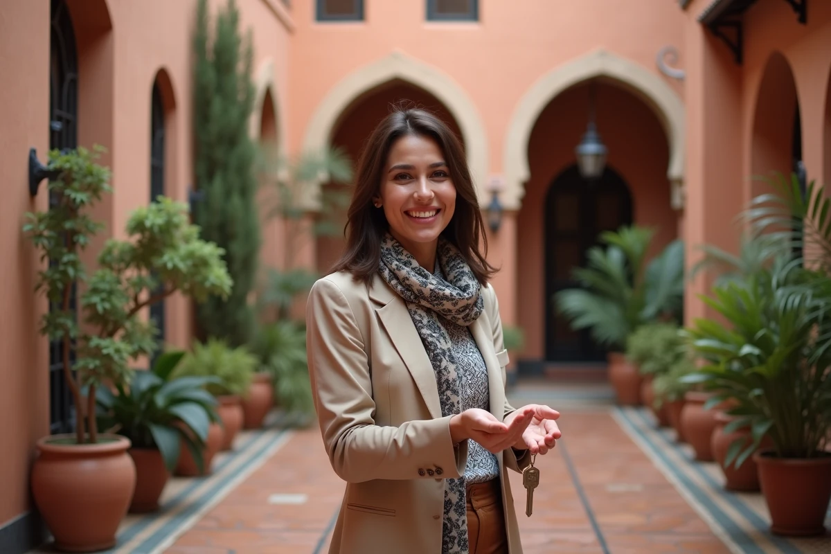 Jeune femme agent immobilier remettant des clés en cour intérieure