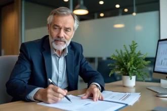 Agent immobilier expliquant les plafonds de loyer et de ressources de la loi Pinel à un client dans une agence immobilière moderne