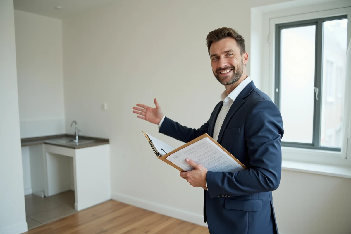 Agent immobilier évaluant un studio T1 vide avec des fiches d'estimation pour calcul des taxes foncière et d'habitation
