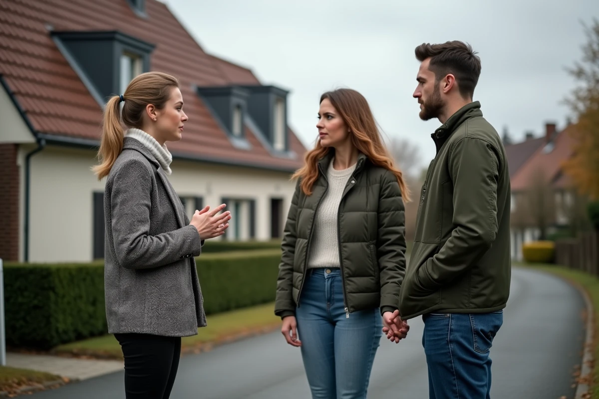 Agent immobilier discutant avec un couple devant une maison