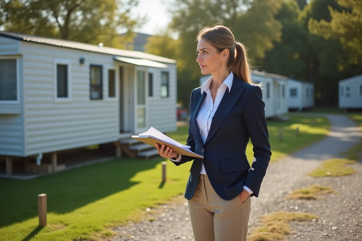 Agente immobilière présentant une parcelle avec mobil home en bord de lac, tenant des documents de vente devant la propriété