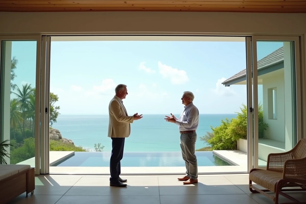 Agent immobilier présentant une villa de luxe en bord de mer à Koh Samui à un acheteur retraité