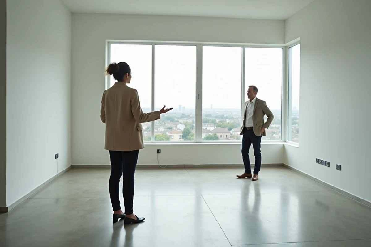 Agent immobilier présentant un appartement neuf vide à des investisseurs lors d'une visite pour investissement locatif