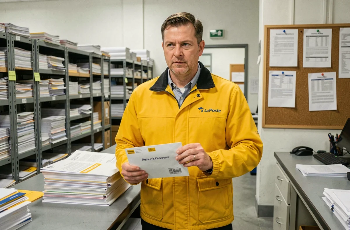 Agent postal en uniforme jaune La Poste triant des enveloppes retournées NPAI dans un bureau de tri
