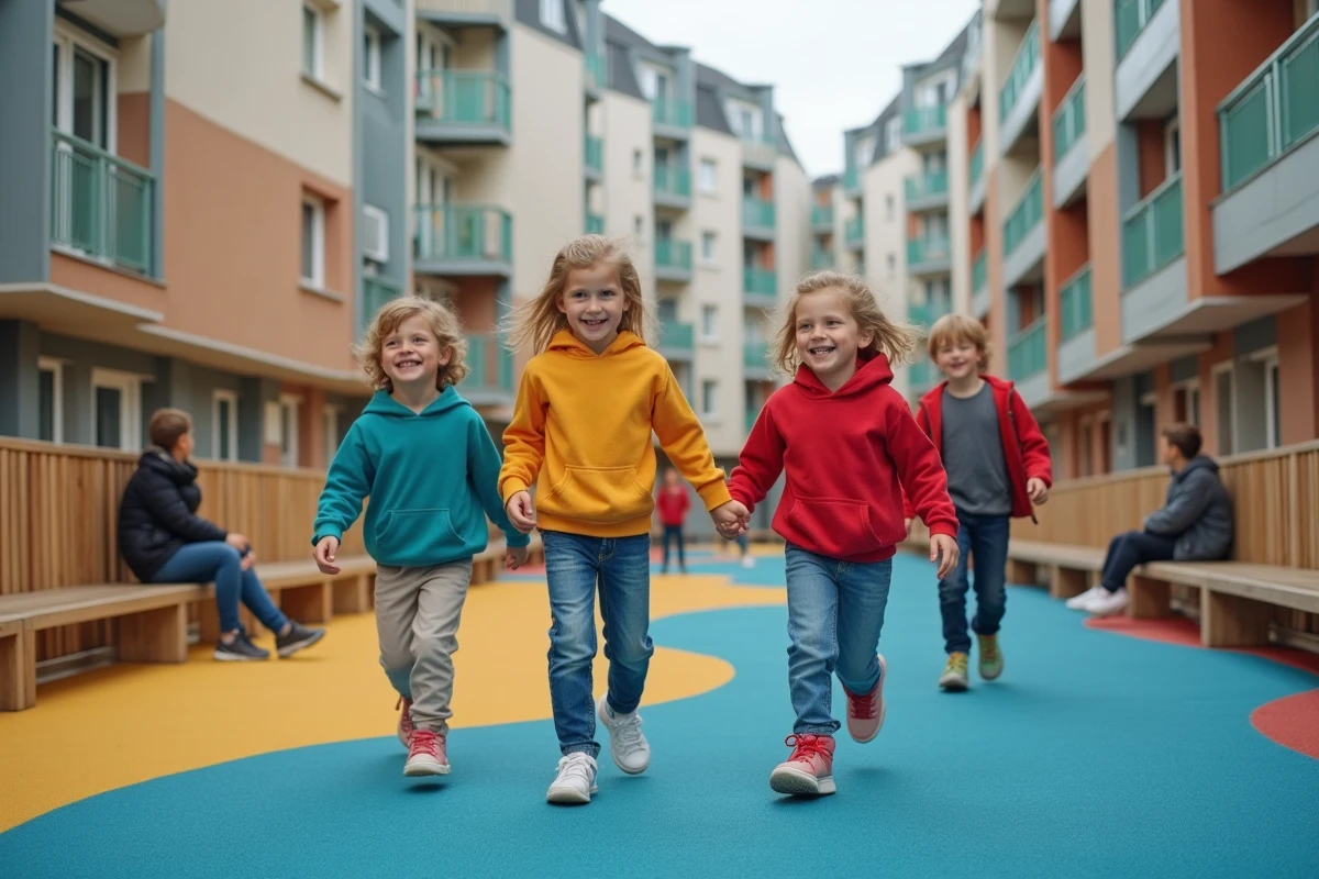 Enfants jouant dans une aire de jeux rénovée du Quartier Nord à Villeneuve-Saint-Georges
