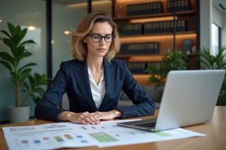 Femme agent immobilier analysant des rapports de marché foncier local avant la signature d'un compromis de vente