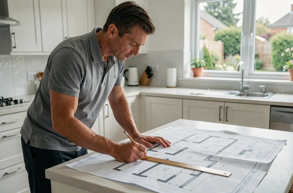 Homme analysant des plans de maison pour calculer la superficie totale en mètres carrés avant un achat immobilier