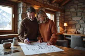 Couple examinant les plans d'un appartement ancien rénové à Les Menuires avec vue sur les pistes enneigées