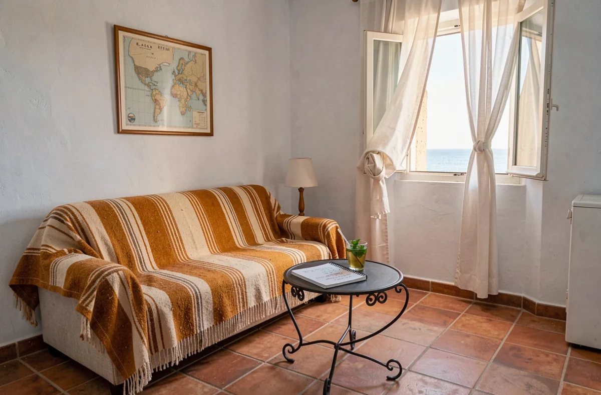 Intérieur cosy d'un appartement en location longue durée à petit budget à Essaouira avec décoration marocaine traditionnelle