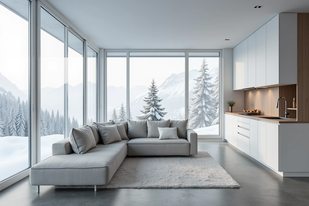 Intérieur moderne d'un appartement neuf à Les Menuires avec vue panoramique sur les Alpes et design contemporain épuré