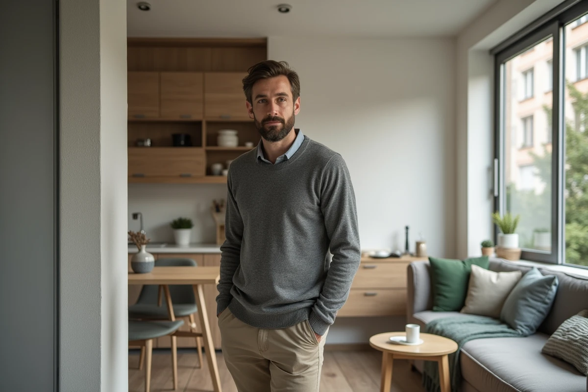 Homme dans un appartement T1bis avec alcôve de couchage séparée illustrant la différence de superficie avec un T1