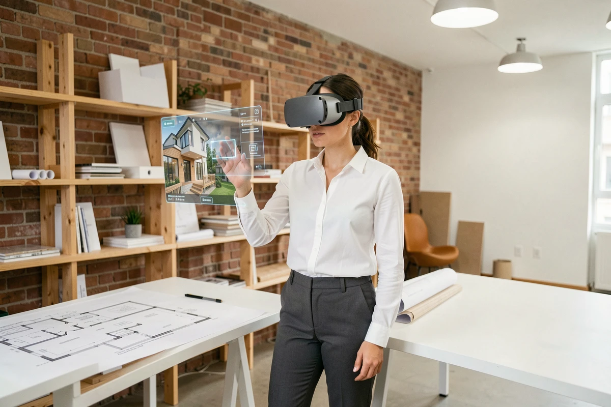 Architecte femme utilisant un casque VR pour explorer une visite virtuelle immersive d'une maison neuve