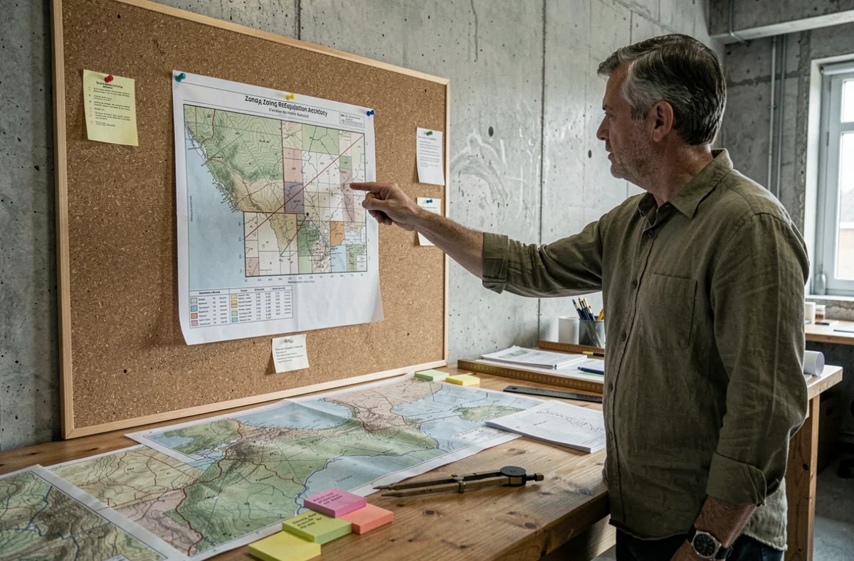 Architecte pointant une charte de zonage sur un tableau de liège dans un bureau d'urbanisme