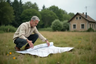 Architecte étudiant un plan cadastral sur un terrain classé en zone naturelle N en milieu rural