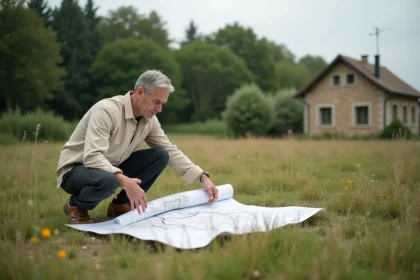 Architecte étudiant un plan cadastral sur un terrain classé en zone naturelle N en milieu rural