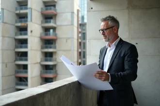 Architecte en costume examinant plans de rénovation à Nanterre