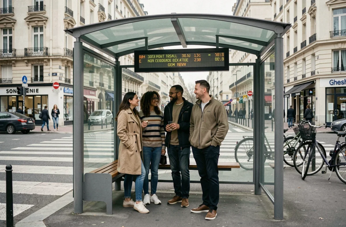 Groupe de voyageurs attendant aux arrêts de bus dans le centre-ville de Saint-Étienne