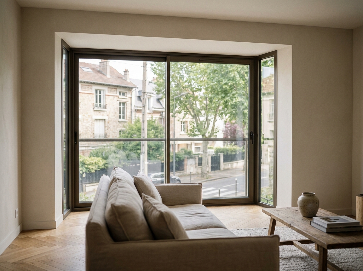 Baie vitrée coulissante en aluminium dans un salon lumineux d'un appartement rénové à Courbevoie