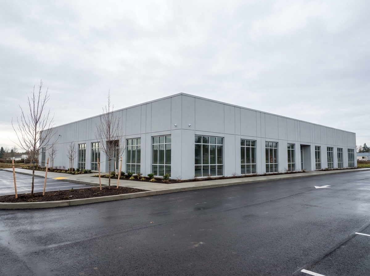 Bâtiment modulaire commercial achevé avec façade en panneaux préfabriqués et entrée aménagée