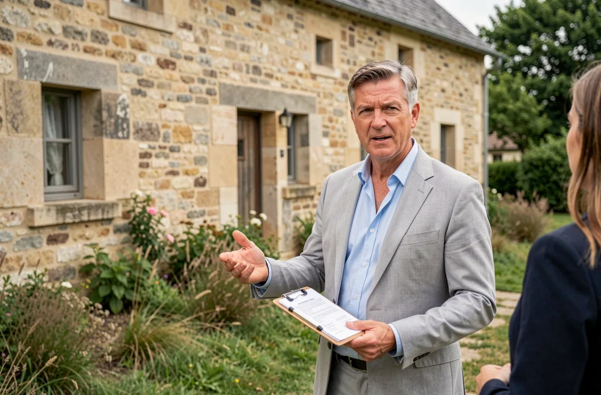 Agent de Berthou Immobilier présentant une maison en pierre corrézienne à des clients lors d'une visite