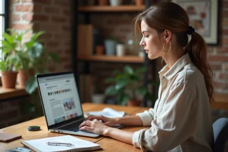 Blogueuse de rénovation travaillant sur son blog depuis un bureau en bois dans un espace rénové avec briques apparentes et échantillons de peinture