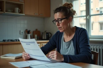 Femme consultant son budget dans un appartement modeste à Créteil, gérant ses dépenses de sécurité au quotidien