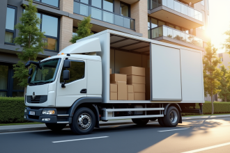 Camion de déménagement de 20m3 devant un immeuble moderne