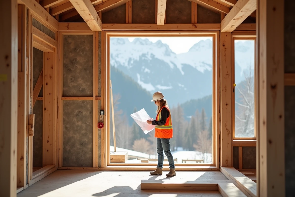 Ingénieure contrôlant les panneaux CLT et les fenêtres triple vitrage d'un chalet préfabriqué de qualité