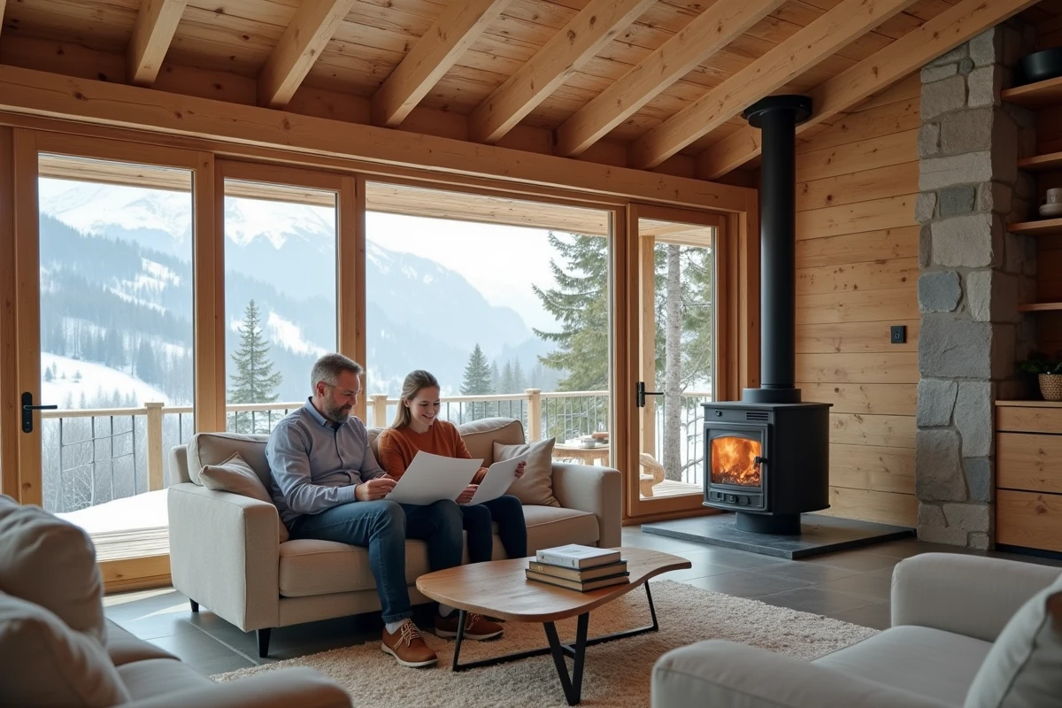 Intérieur chaleureux d'un chalet PRL haut de gamme avec poutres en chêne, ardoise et vue panoramique sur la montagne