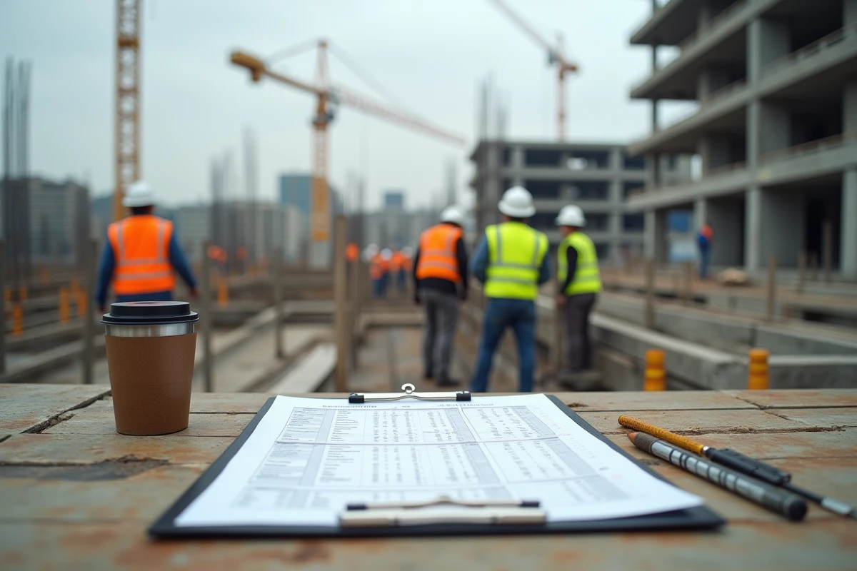 Chantier de construction urbain en France avec des documents d'indice de coût BT47 posés sur une table de chantier