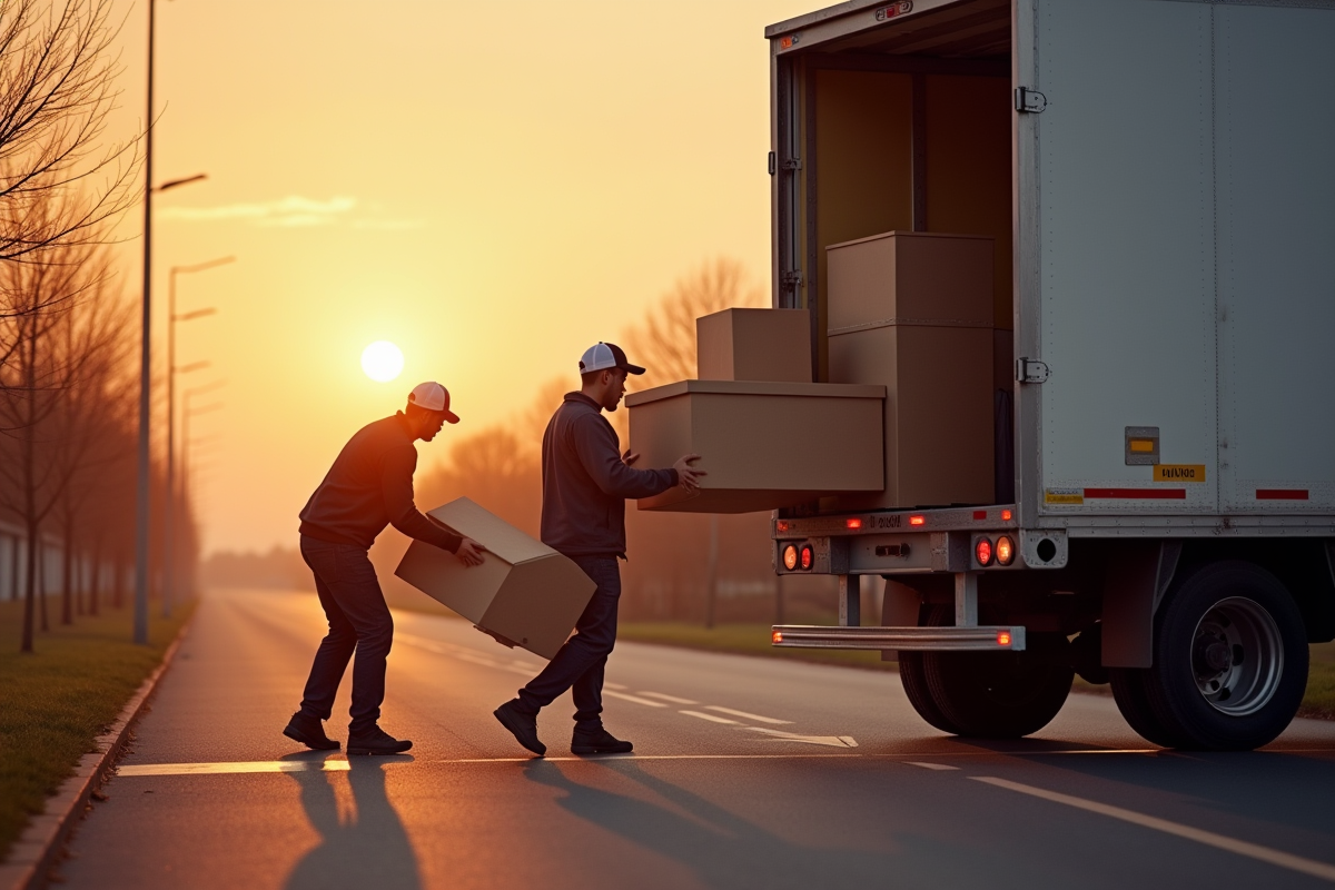 Chargement de meubles dans un camion au lever du soleil