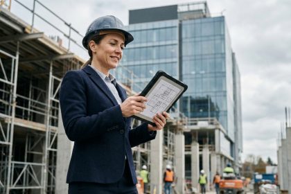 Chef de projet immobilier professionnel devant un chantier de construction d'immeuble de bureaux en verre et acier