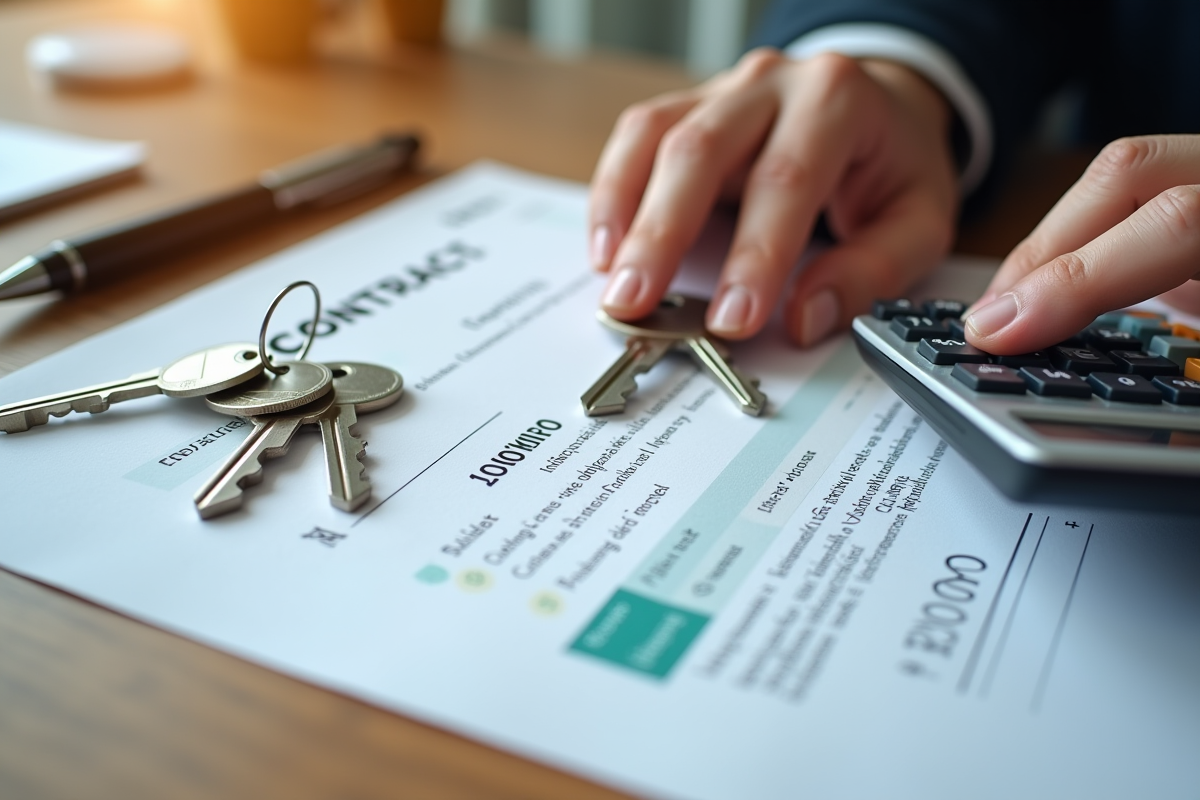 Mains tenant une calculatrice et des clés de maison sur un bureau