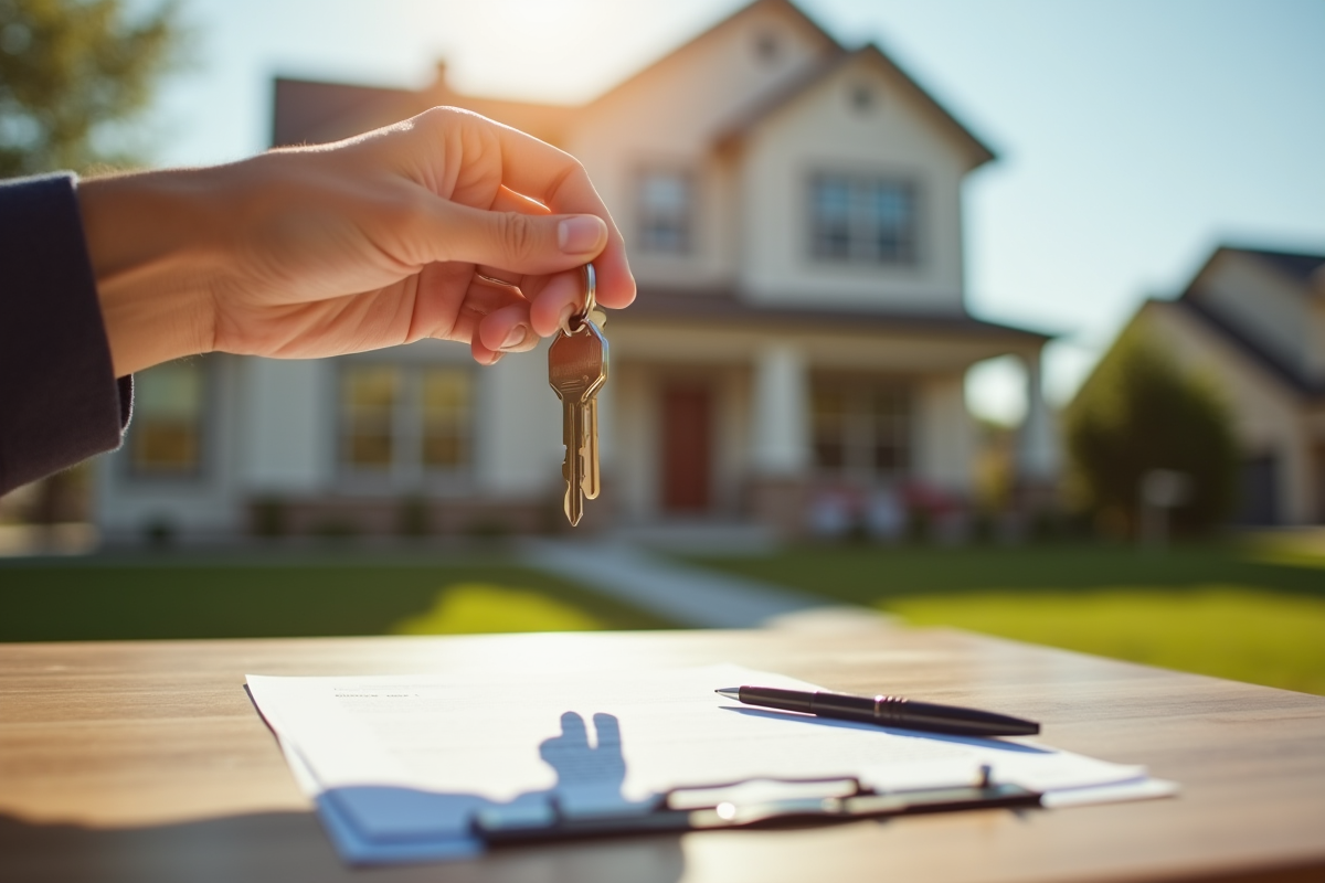 Main tenant des clés de maison devant une maison en banlieue